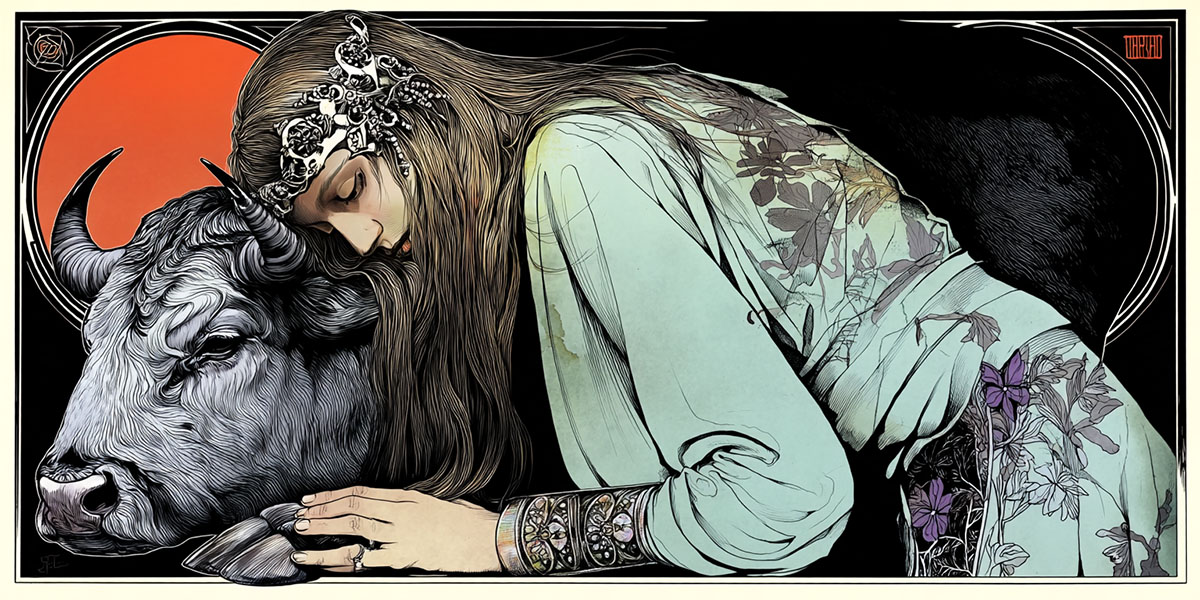 April Astro Magic, a lovely Taurus woman rests against a sleeping bull